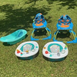 Costco walkers (2), Sit and Play seat (2), and tub